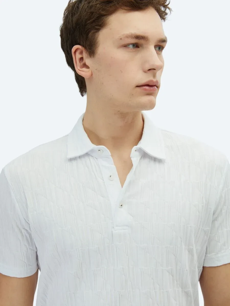 Beyaz Desenli Polo Yaka %100 Pamuk T-Shirt - 3