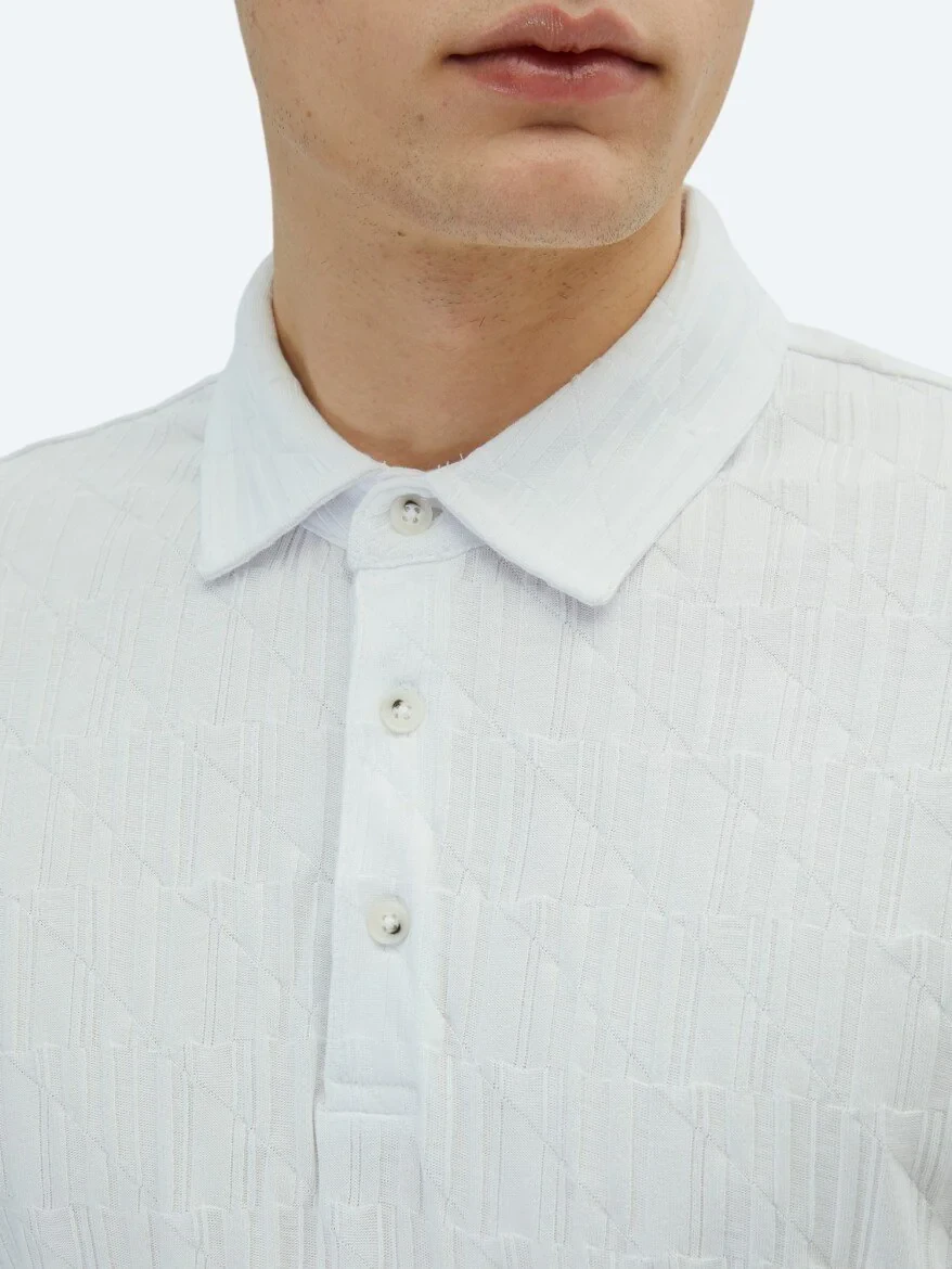 Beyaz Desenli Polo Yaka %100 Pamuk T-Shirt - 4