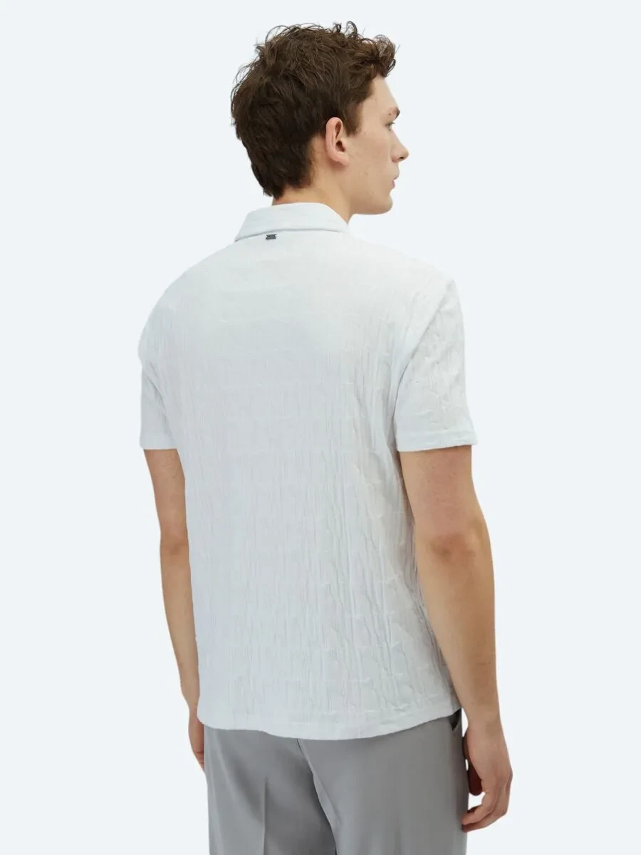 Beyaz Desenli Polo Yaka %100 Pamuk T-Shirt - 6
