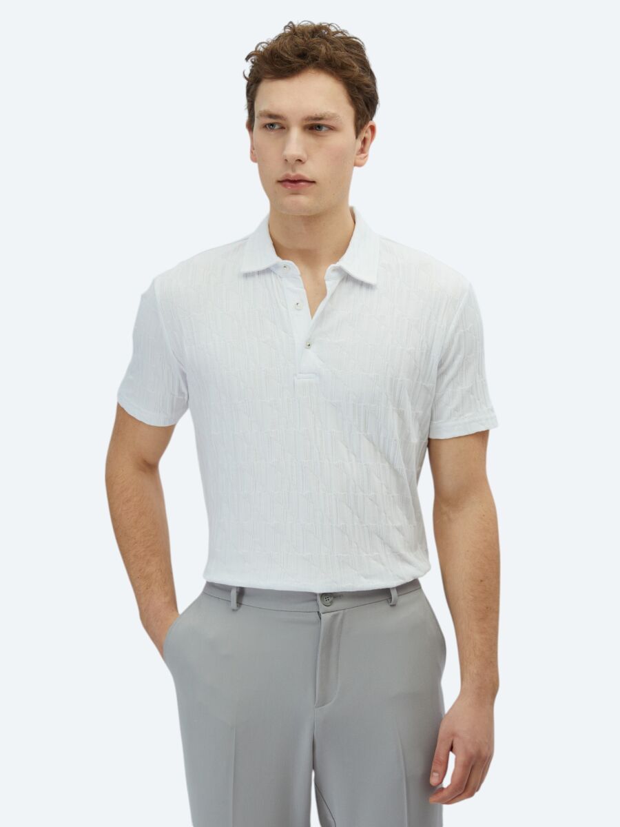 Beyaz Desenli Polo Yaka %100 Pamuk T-Shirt - 1