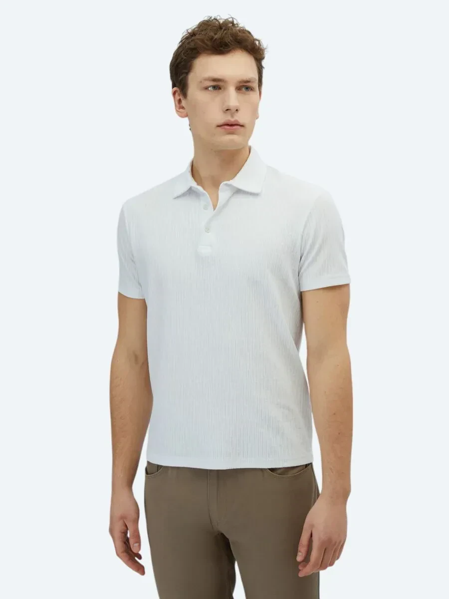 Beyaz Desenli Polo Yaka Pamuk Karışımlı T-Shirt - 1