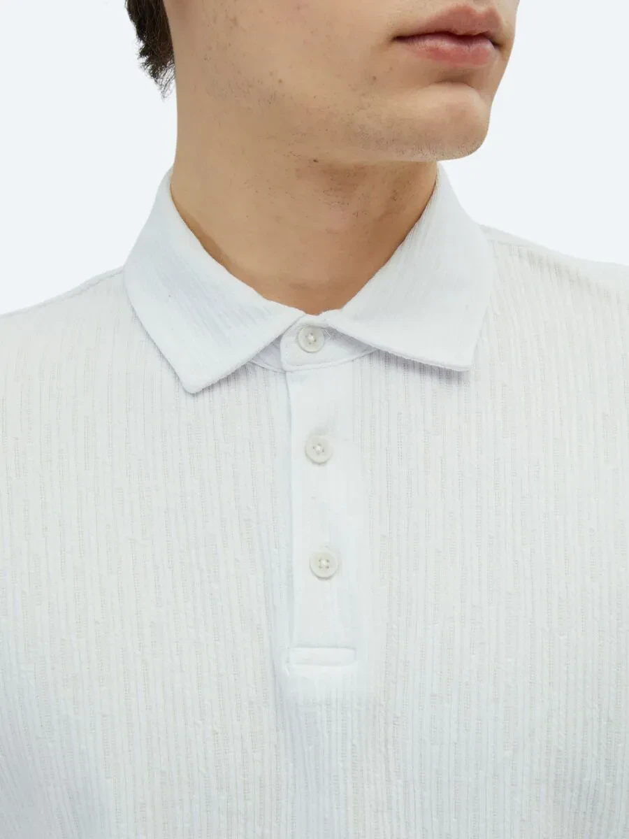 Beyaz Desenli Polo Yaka Pamuk Karışımlı T-Shirt - 4