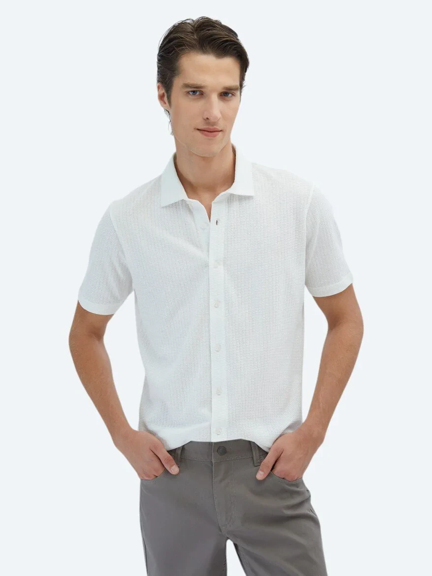 Beyaz Desenli Regular Fit Casual %100 Pamuk Gömlek - 1