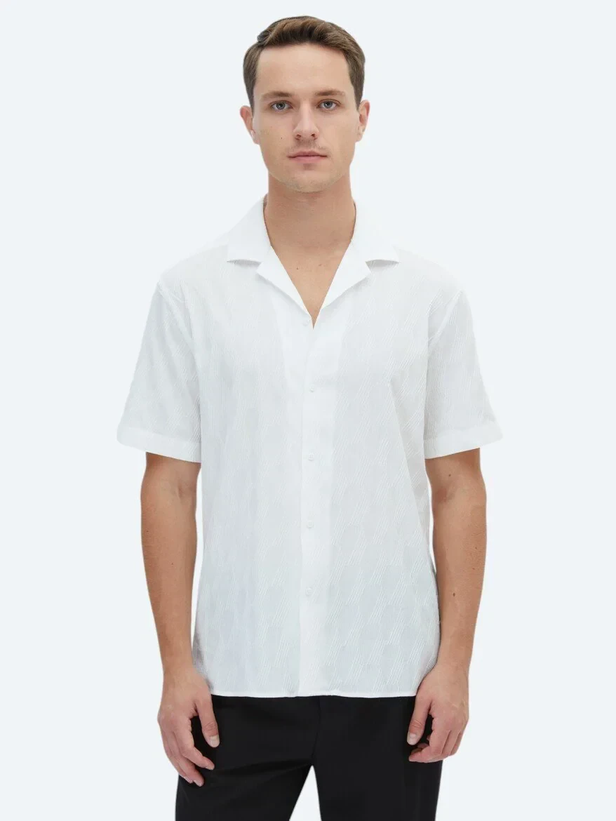 Beyaz Desenli Regular Fit Dokuma Casual Pamuk Karışımlı Gömlek - 1