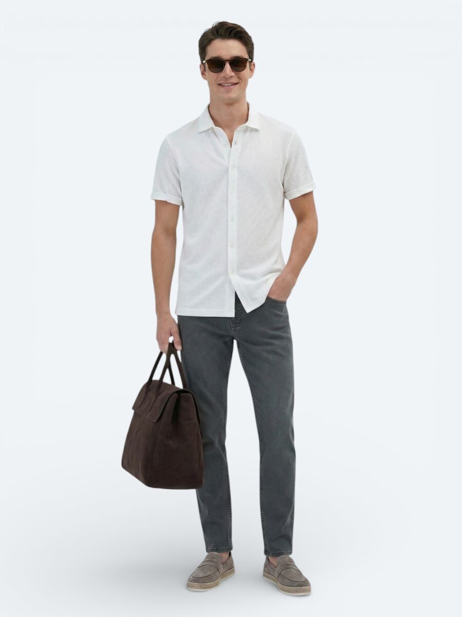 Beyaz Desenli Regular Fit Kısa Casual %100 Pamuk Gömlek - 1