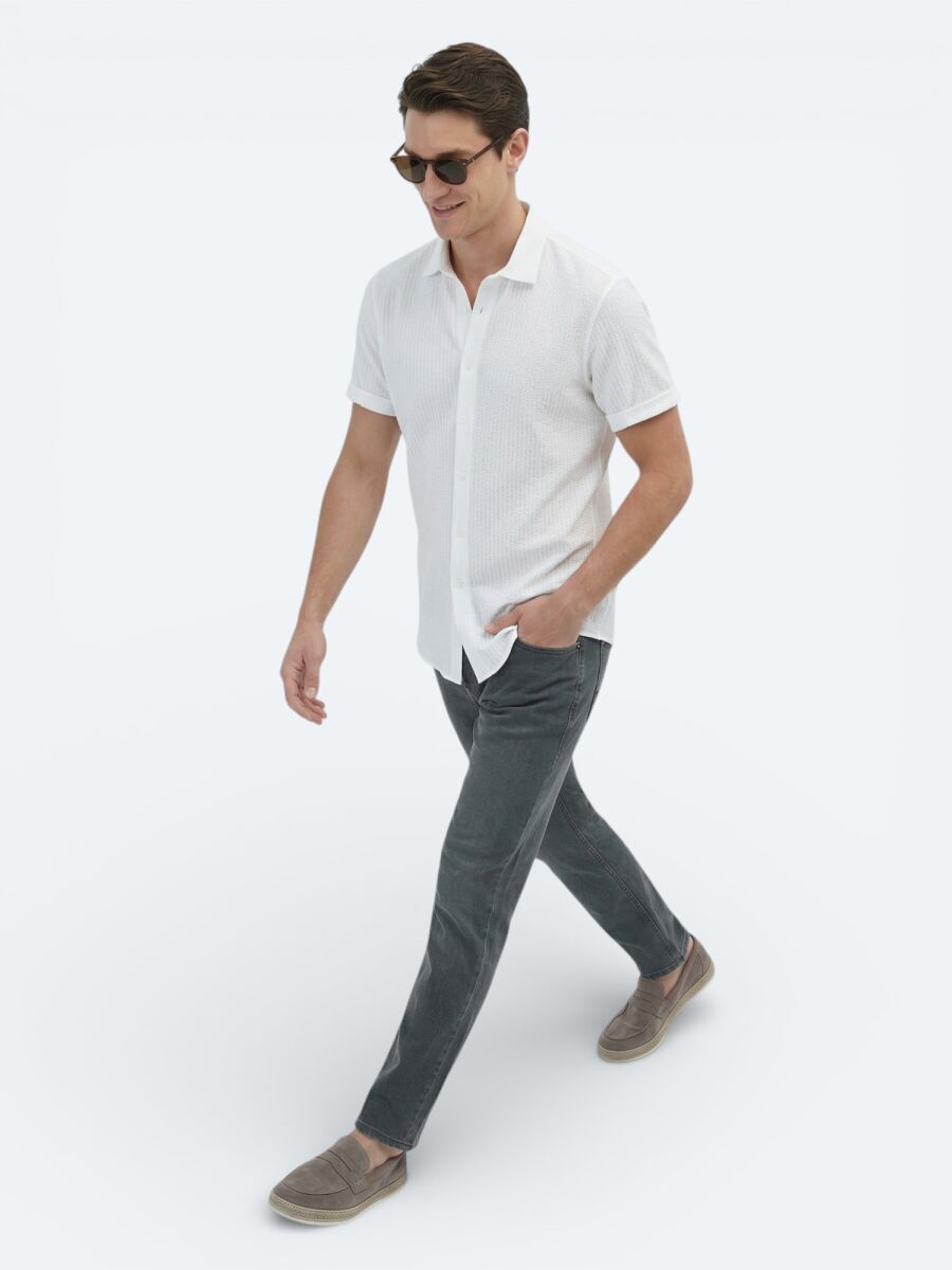 Beyaz Desenli Regular Fit Kısa Casual %100 Pamuk Gömlek - 2