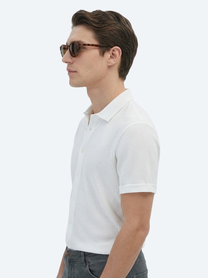 Beyaz Desenli Regular Fit Kısa Casual %100 Pamuk Gömlek - 3