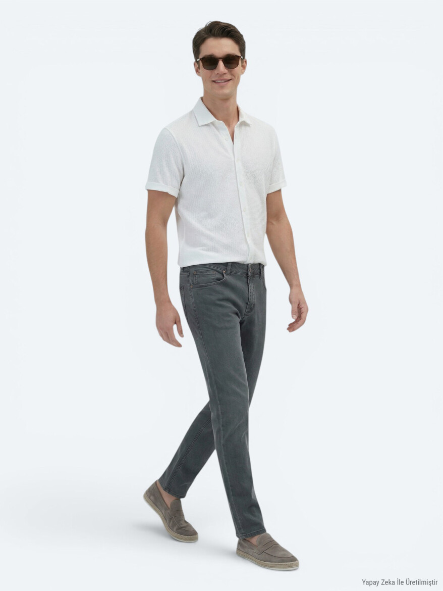 Beyaz Desenli Regular Fit Kısa Casual %100 Pamuk Gömlek - 4