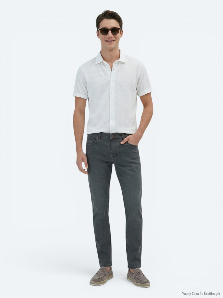 Beyaz Desenli Regular Fit Kısa Casual %100 Pamuk Gömlek - 5