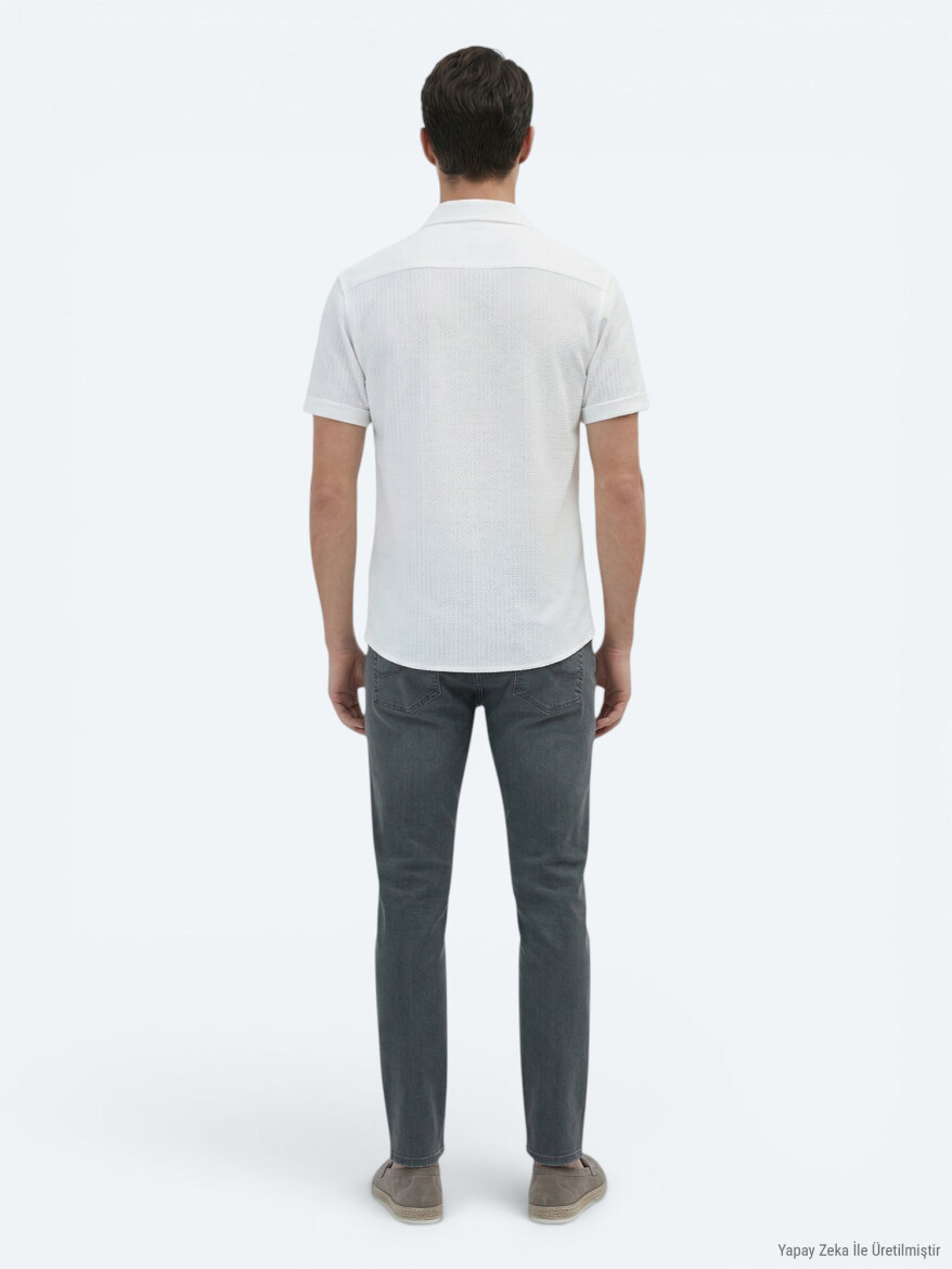 Beyaz Desenli Regular Fit Kısa Casual %100 Pamuk Gömlek - 6