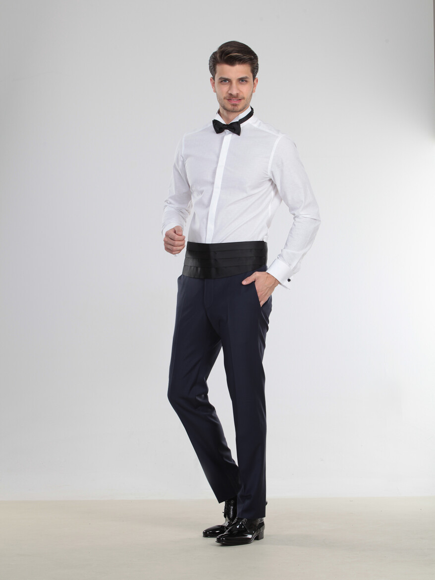 Beyaz Desenli Slim Fit Duble Manşet Ata Yaka Smokin Gömlek - 1