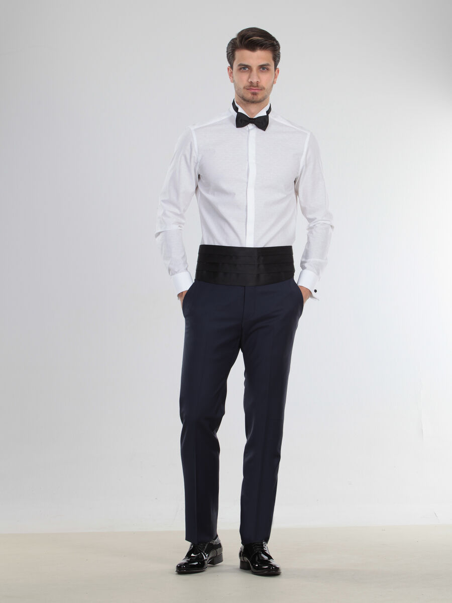 Beyaz Desenli Slim Fit Duble Manşet Ata Yaka Smokin Gömlek - 2