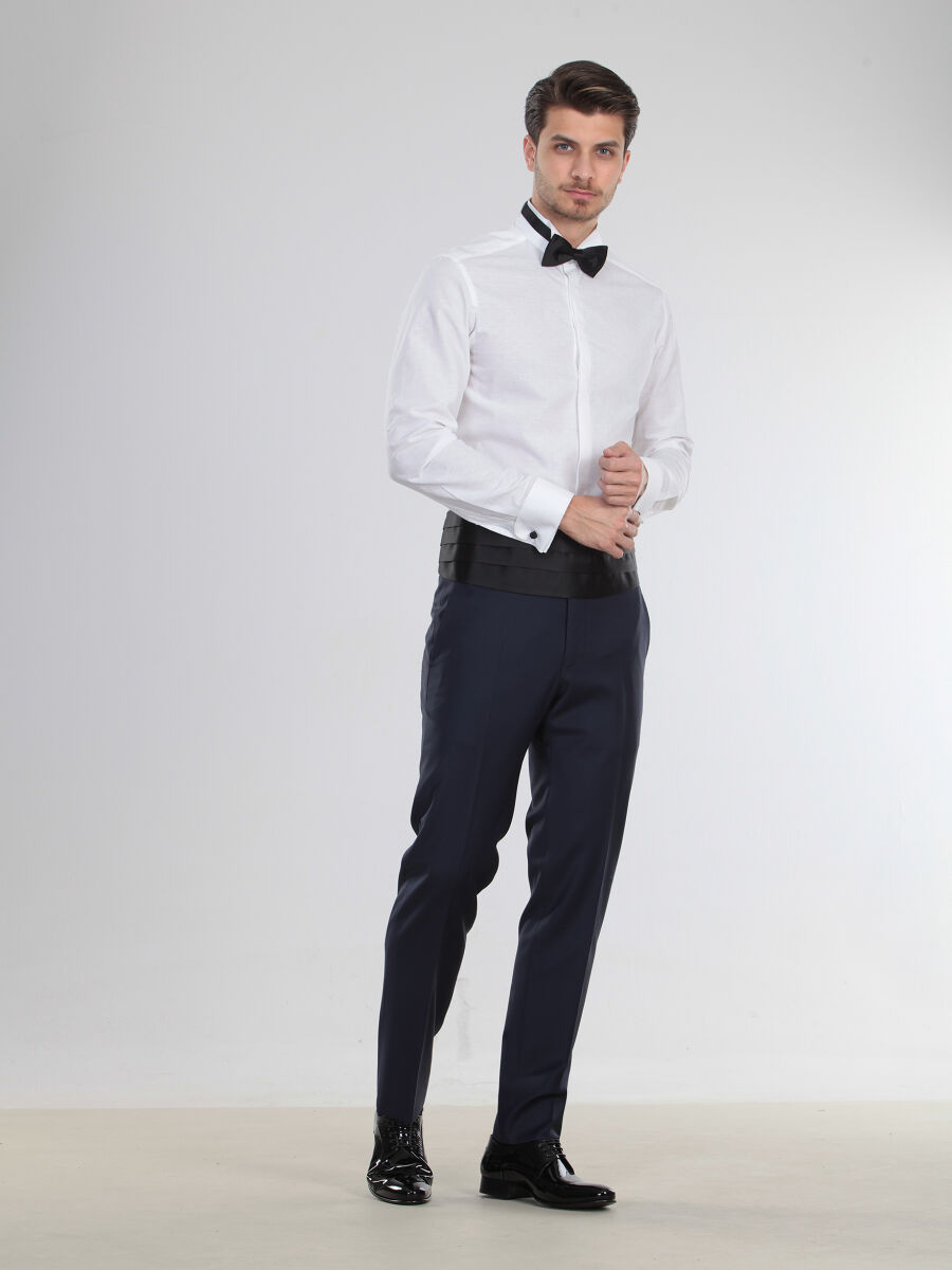 Beyaz Desenli Slim Fit Duble Manşet Ata Yaka Smokin Gömlek - 3