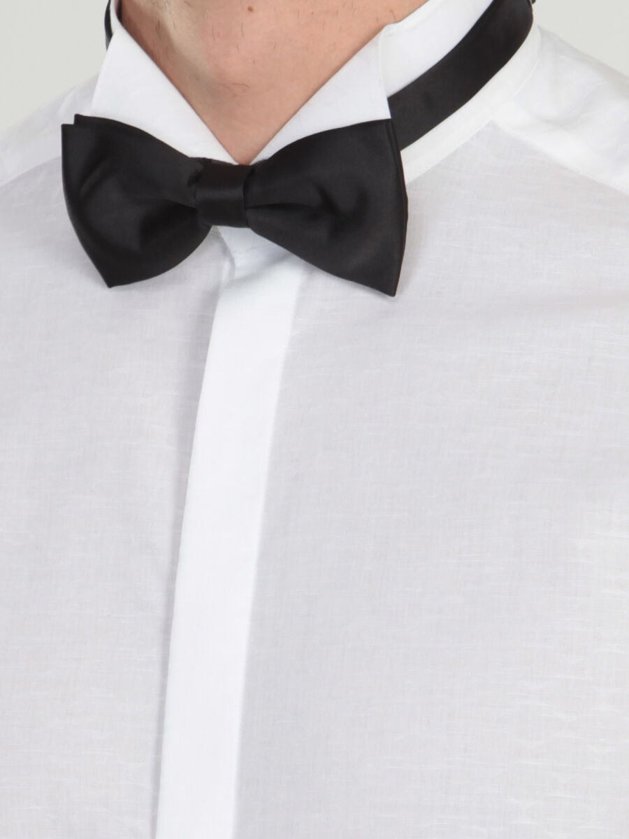 Beyaz Desenli Slim Fit Duble Manşet Ata Yaka Smokin Gömlek - 4