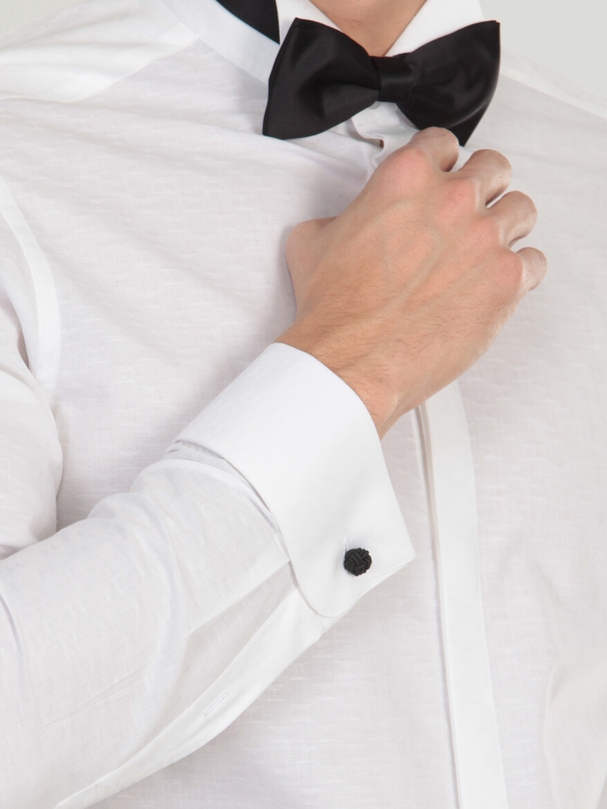 Beyaz Desenli Slim Fit Duble Manşet Ata Yaka Smokin Gömlek - 5