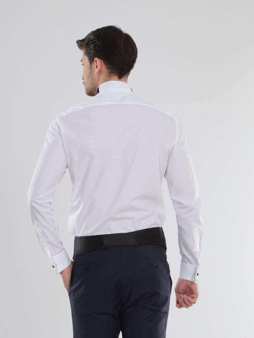Beyaz Desenli Slim Fit Duble Manşet Ata Yaka Smokin Gömlek - 6