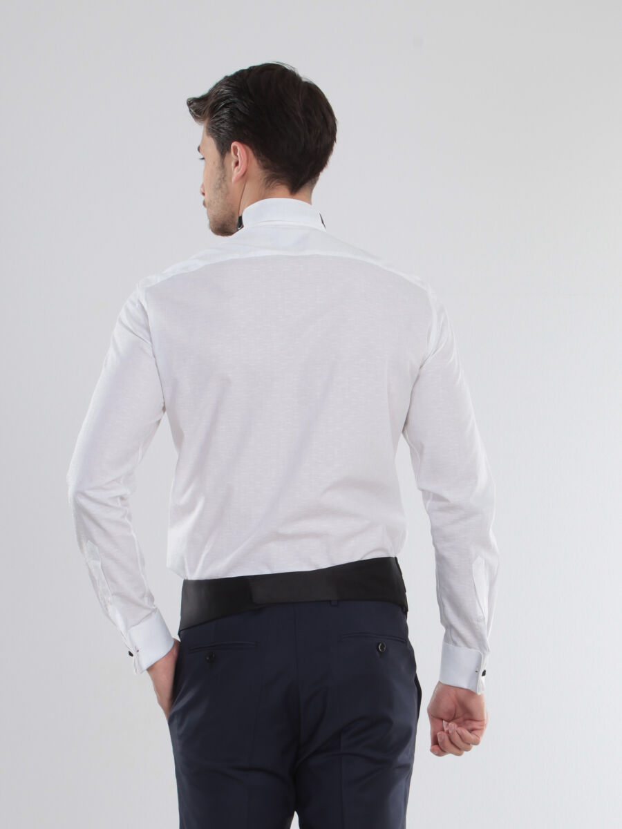Beyaz Desenli Slim Fit Duble Manşet Ata Yaka Smokin Gömlek - 6