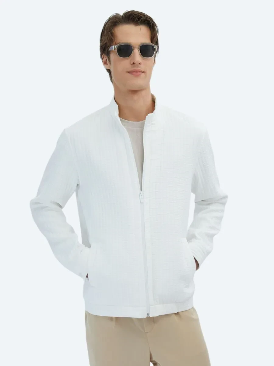 Beyaz Dik Yaka Casual Dokuma Mont - 1