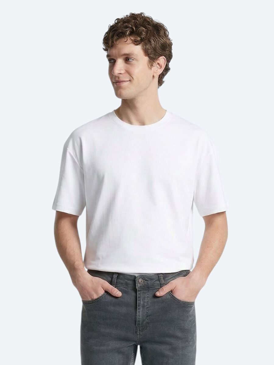 Beyaz Düz %100 Pamuk T-Shirt - 4