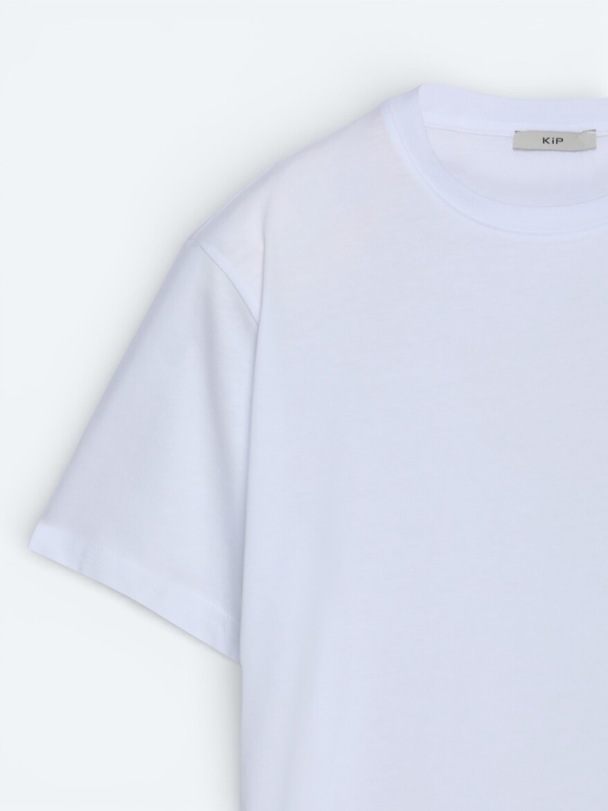 Beyaz Düz %100 Pamuk T-Shirt - 4
