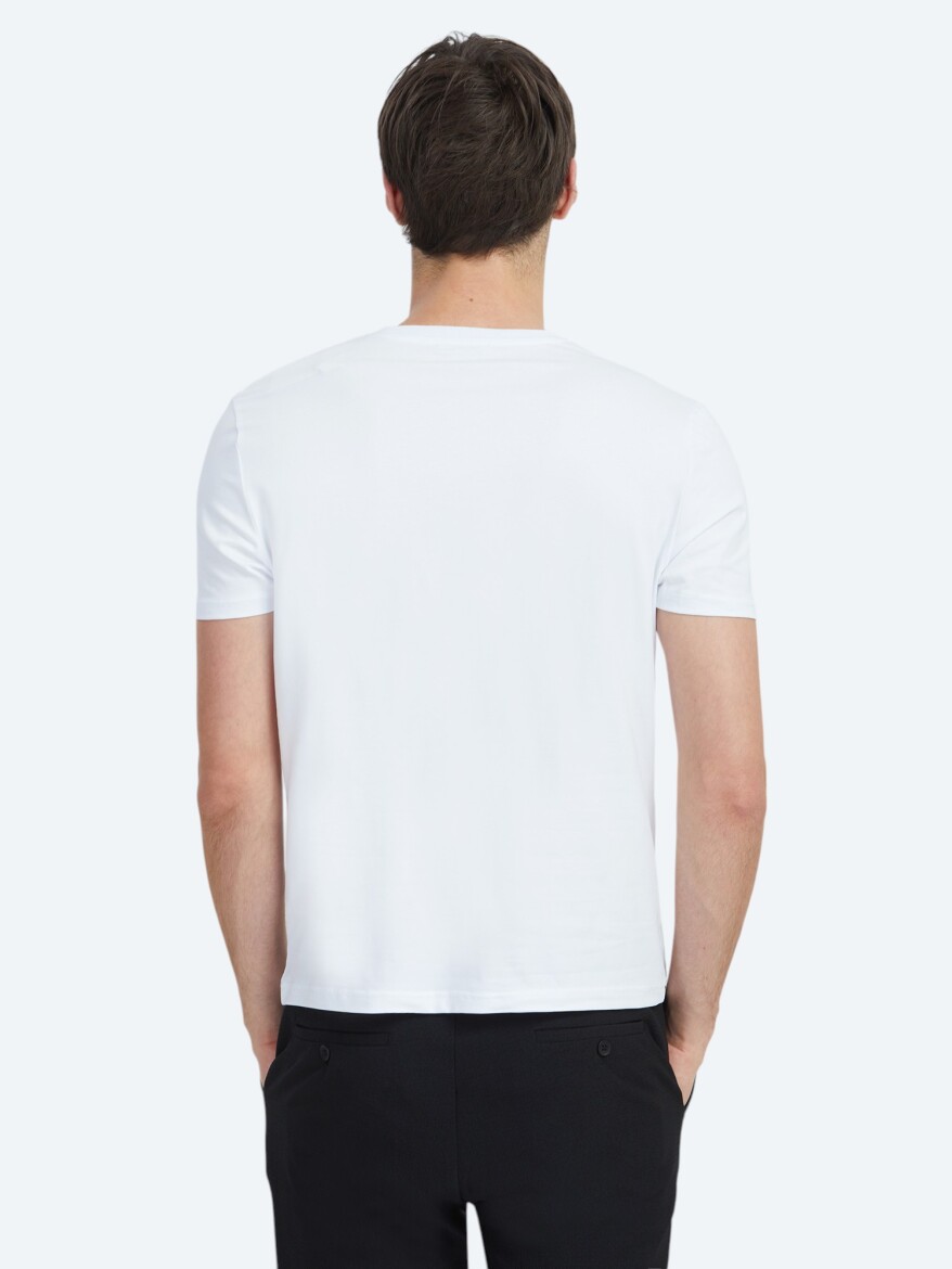 Beyaz Düz Bisiklet Yaka %100 Pamuk T-Shirt - 4