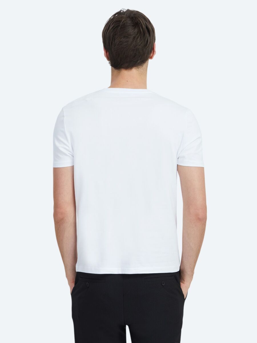 Beyaz Düz Bisiklet Yaka %100 Pamuk T-Shirt - 4