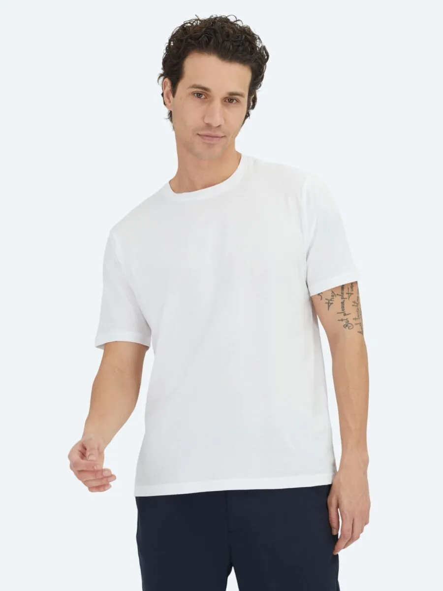 Beyaz Düz Bisiklet Yaka %100 Pamuk T-Shirt - 1