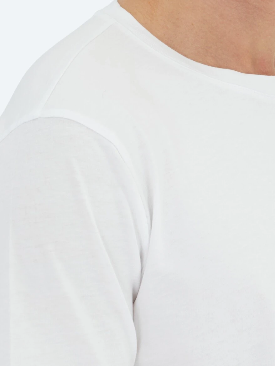 Beyaz Düz Bisiklet Yaka %100 Pamuk T-Shirt - 4