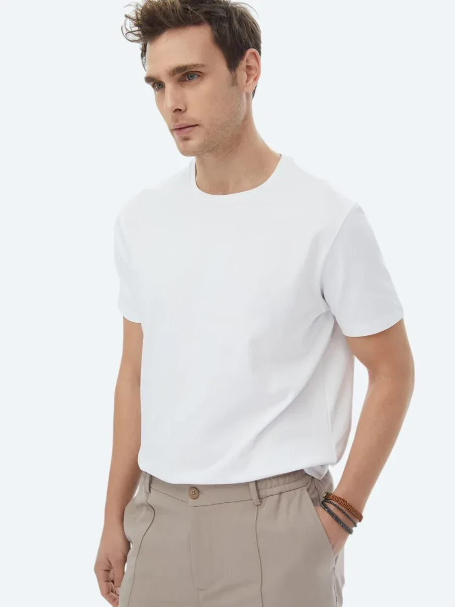 Beyaz Düz Bisiklet Yaka Pamuk Karışımlı T-Shirt - 3
