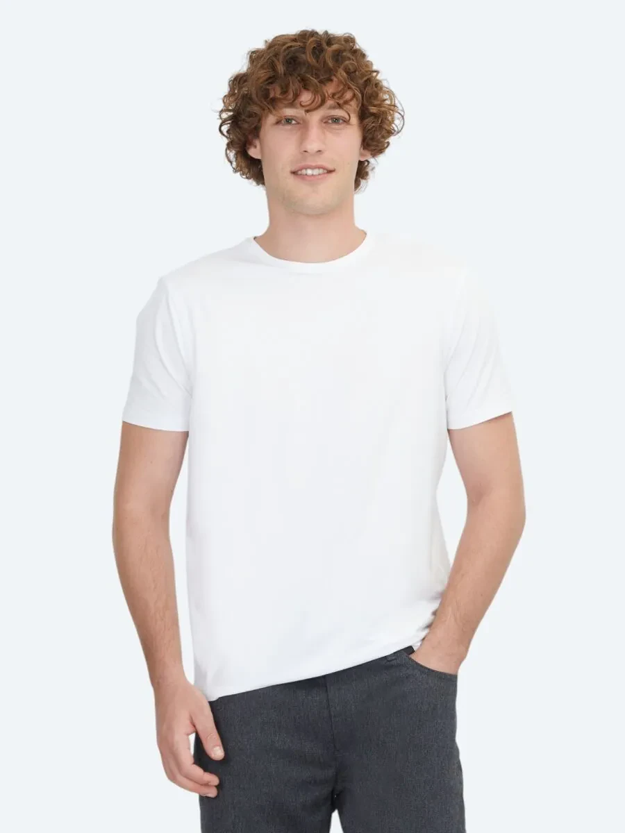 Beyaz Düz Bisiklet Yaka Pamuk Karışımlı T-Shirt - 1