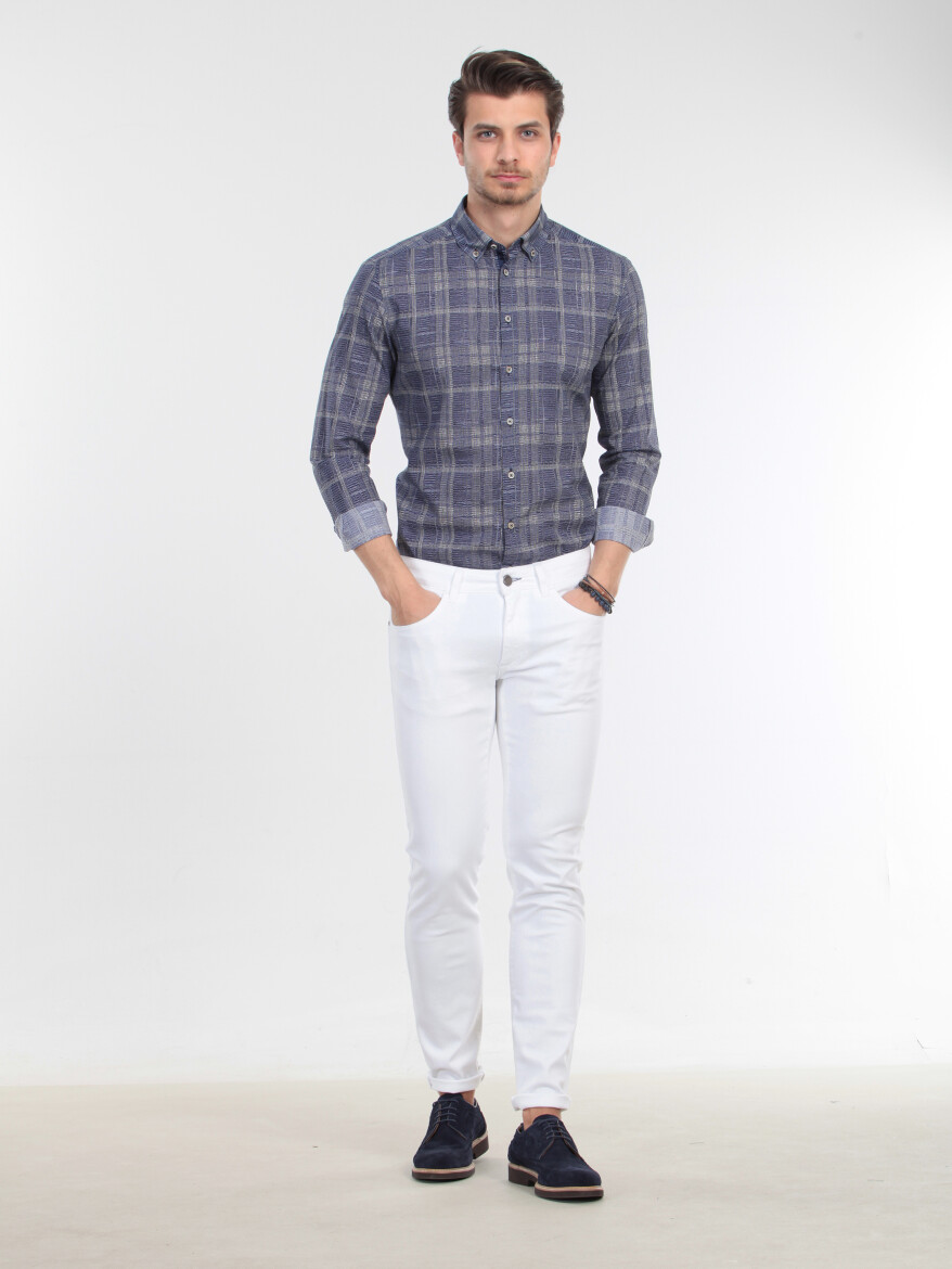 Beyaz Düz Dokuma Slim Fit Casual Pamuk Karışımlı Pantolon - 1