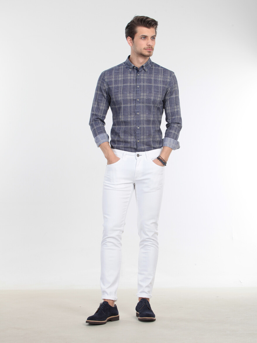 Beyaz Düz Dokuma Slim Fit Casual Pamuk Karışımlı Pantolon - 2
