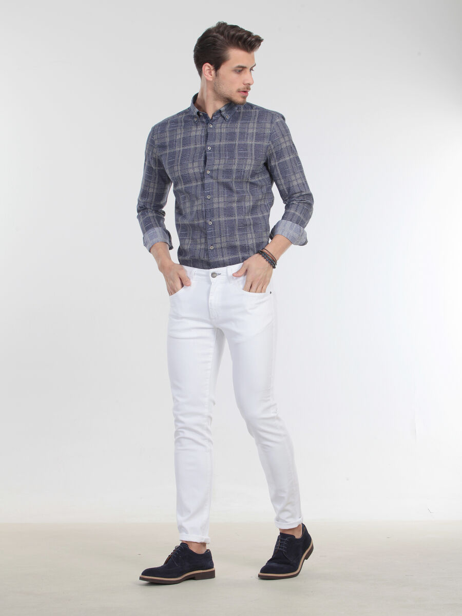 Beyaz Düz Dokuma Slim Fit Casual Pamuk Karışımlı Pantolon - 3