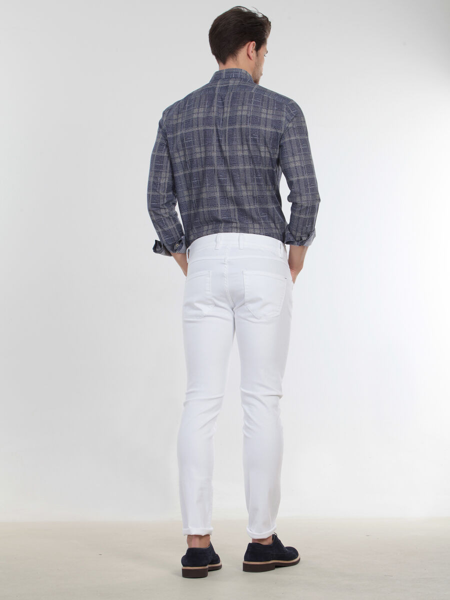 Beyaz Düz Dokuma Slim Fit Casual Pamuk Karışımlı Pantolon - 5