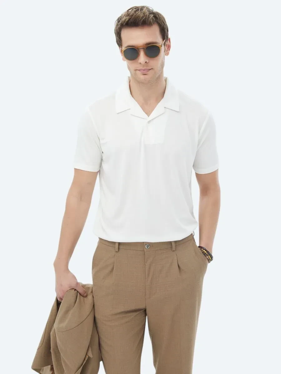 Beyaz Düz Küba Yaka T-Shirt - 1