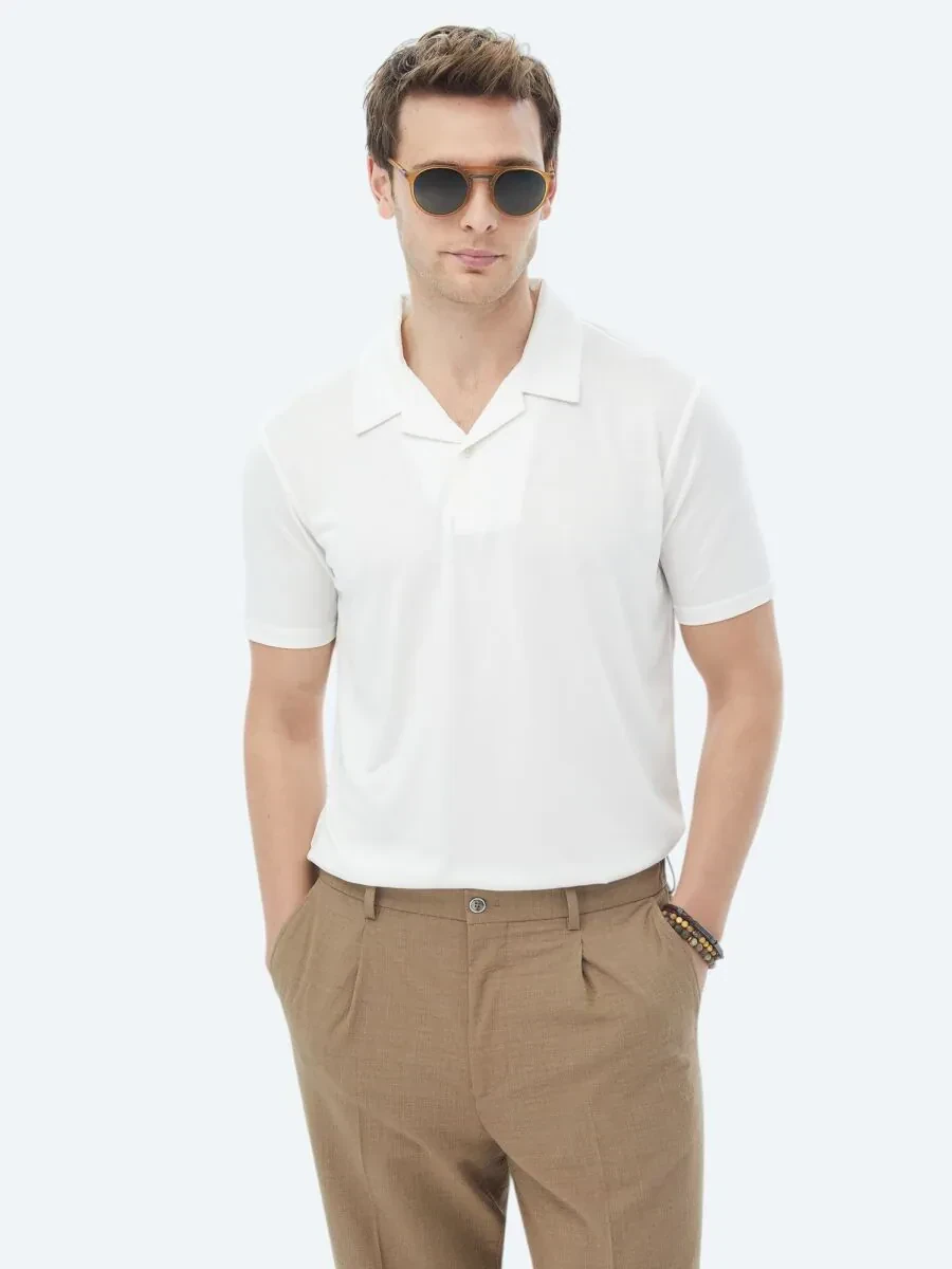 Beyaz Düz Küba Yaka T-Shirt - 3