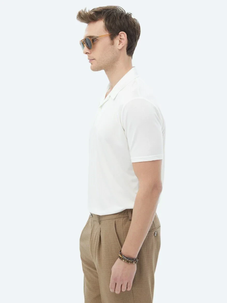 Beyaz Düz Küba Yaka T-Shirt - 4