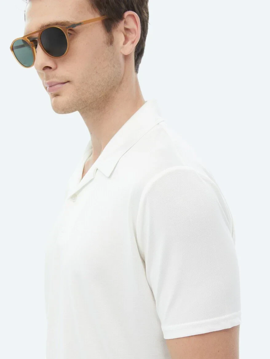 Beyaz Düz Küba Yaka T-Shirt - 8