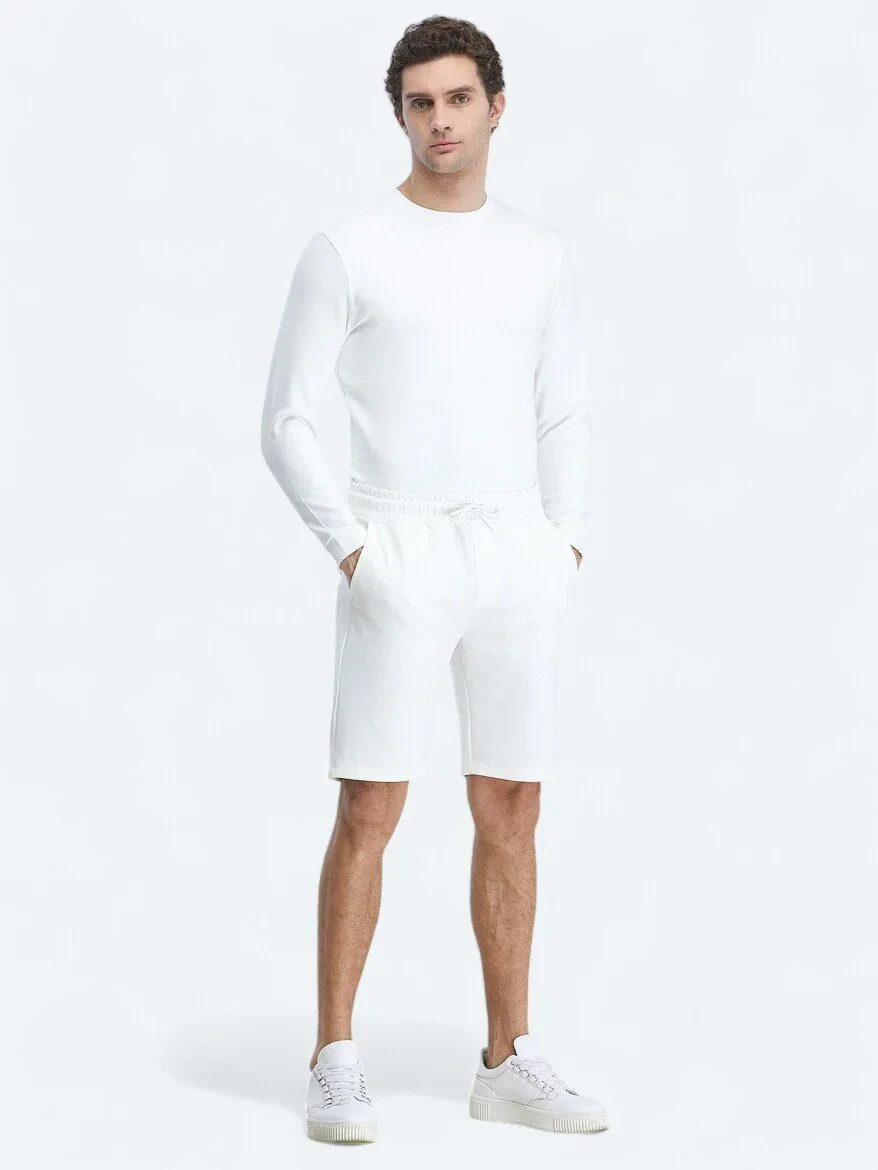 Beyaz Düz Örme Jogging Fit Spor Bermuda - 1