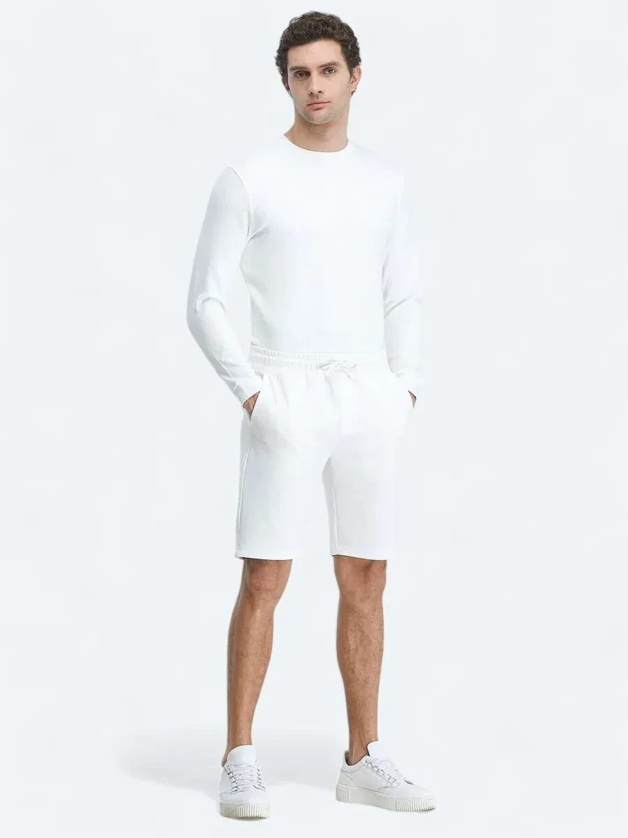 Beyaz Düz Örme Jogging Fit Spor Bermuda - 1
