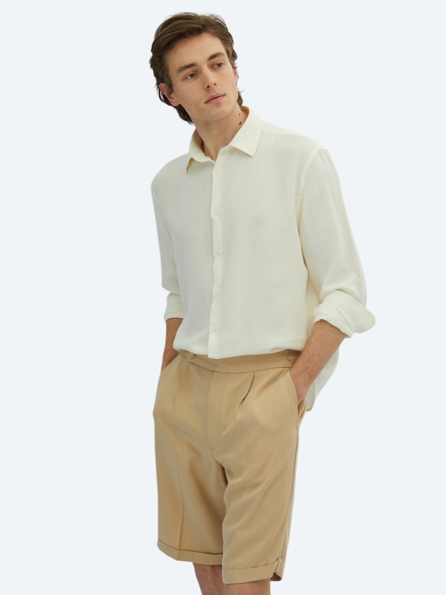 Beyaz Düz Oversize Fit Dokuma Casual Pamuk Karışımlı Gömlek - 3