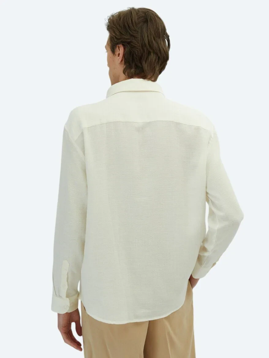 Beyaz Düz Oversize Fit Dokuma Casual Pamuk Karışımlı Gömlek - 5