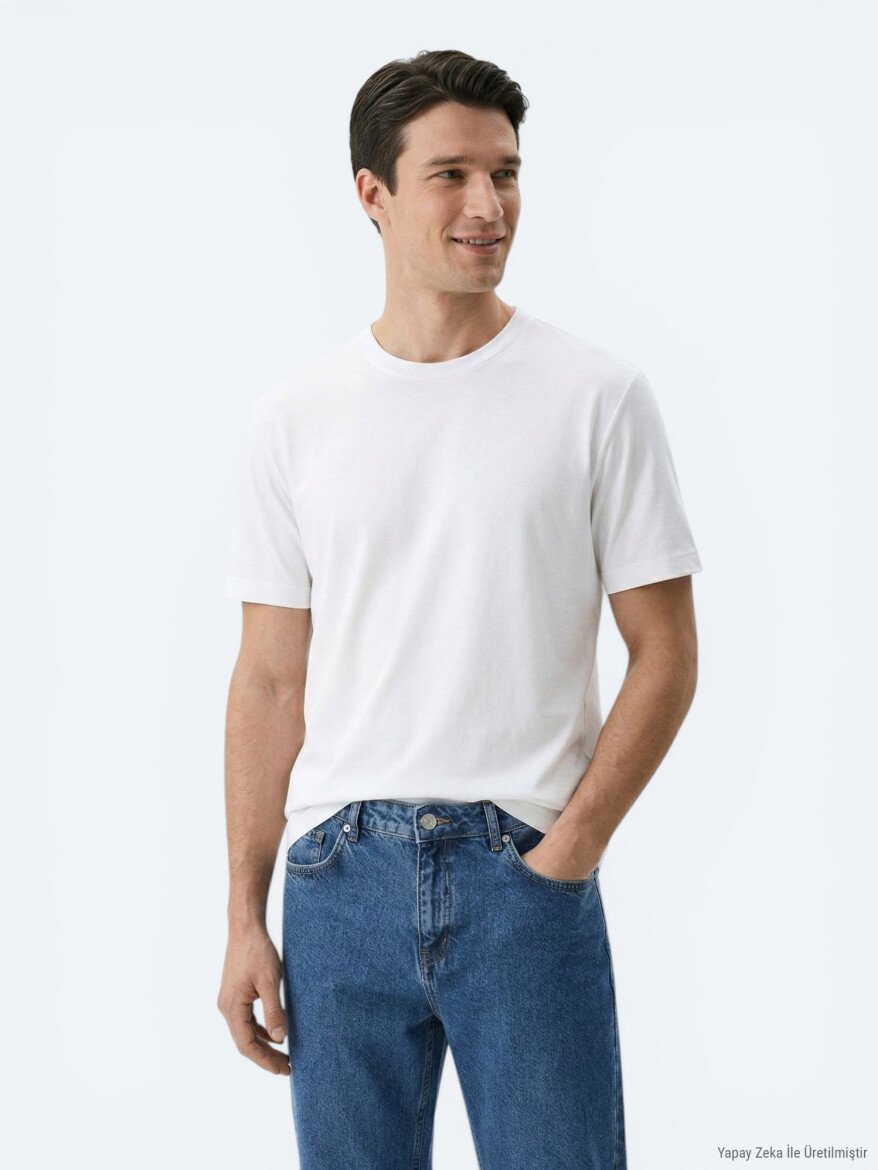 Beyaz Düz Pamuk Karışımlı T-Shirt - 3