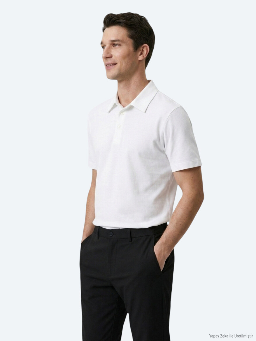 Beyaz Düz Pamuk Karışımlı T-Shirt - 4