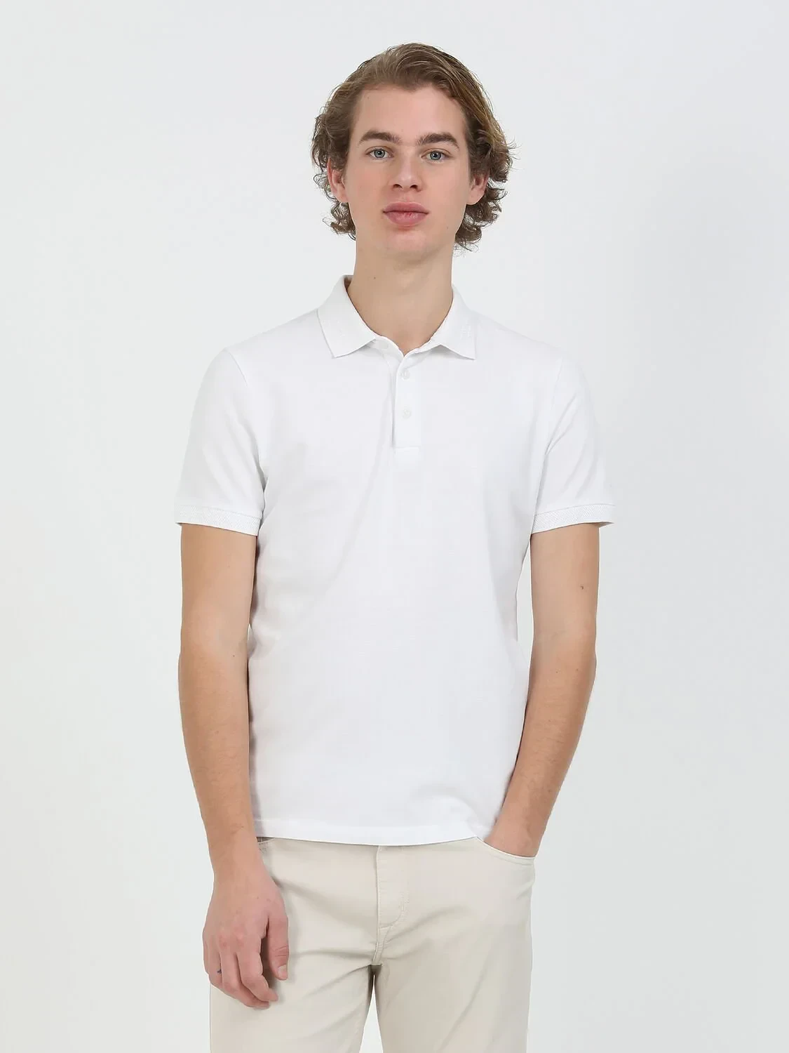 Beyaz Düz Polo Yaka %100 Pamuk T-Shirt - 2