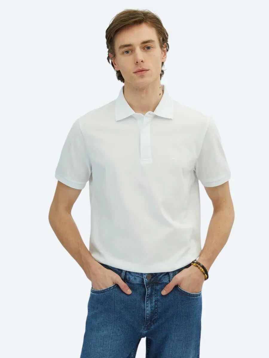 Beyaz Düz Polo Yaka %100 Pamuk T-Shirt - 1