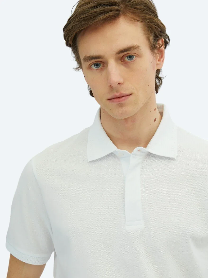 Beyaz Düz Polo Yaka %100 Pamuk T-Shirt - 3