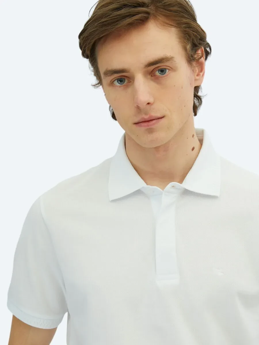 Beyaz Düz Polo Yaka %100 Pamuk T-Shirt - 3