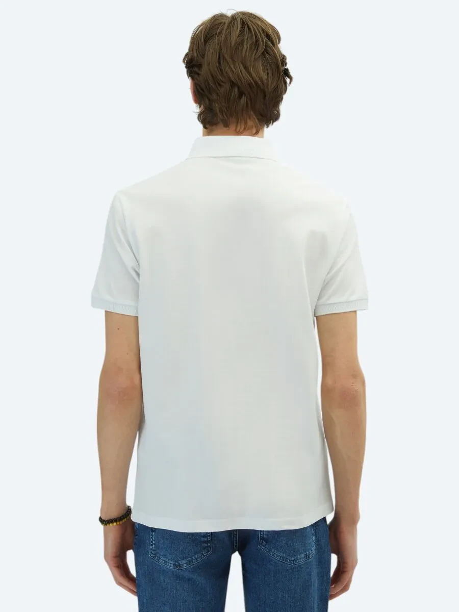 Beyaz Düz Polo Yaka %100 Pamuk T-Shirt - 4