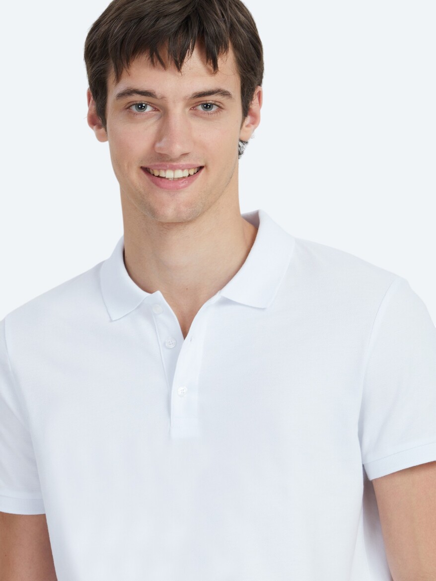 Beyaz Düz Polo Yaka %100 Pamuk T-Shirt - 3